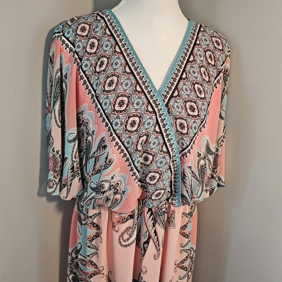 Cato Peach and Teal Boho Print Faux Wrap Style Dress with Deep V Neck - Picture 4 of 11